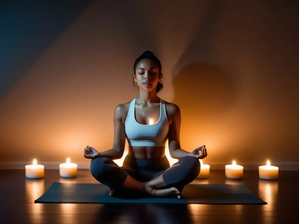 Persona meditando en una habitación tenue, rodeada de velas