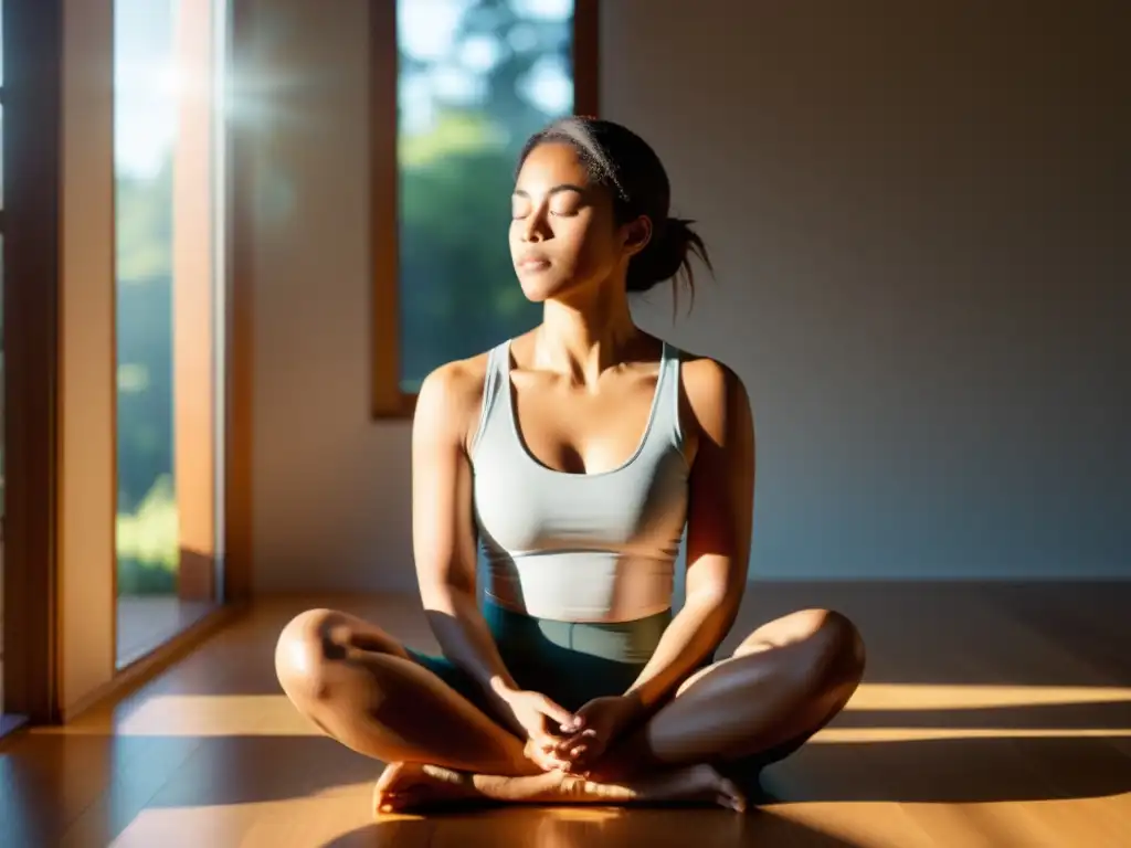 Persona meditando en una habitación tranquila, disfrutando de los beneficios de la respiración diafragmática para reducir la alta tensión