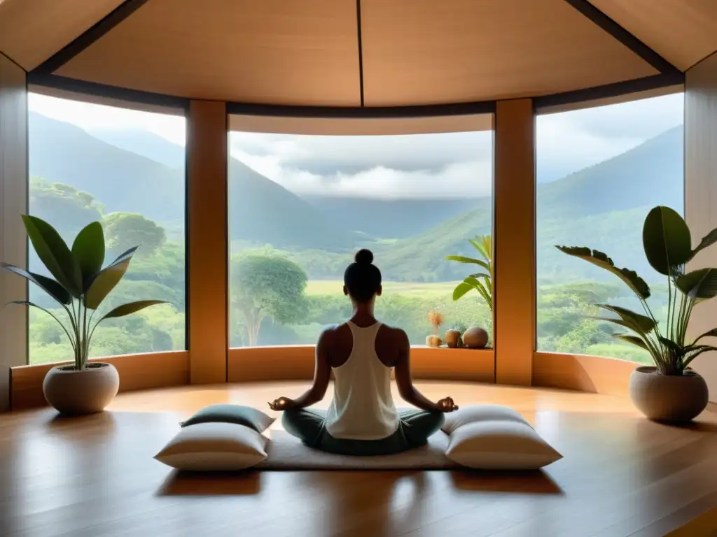 Persona meditando en habitación tranquila con grandes ventanas y beneficios respiración terapéutica