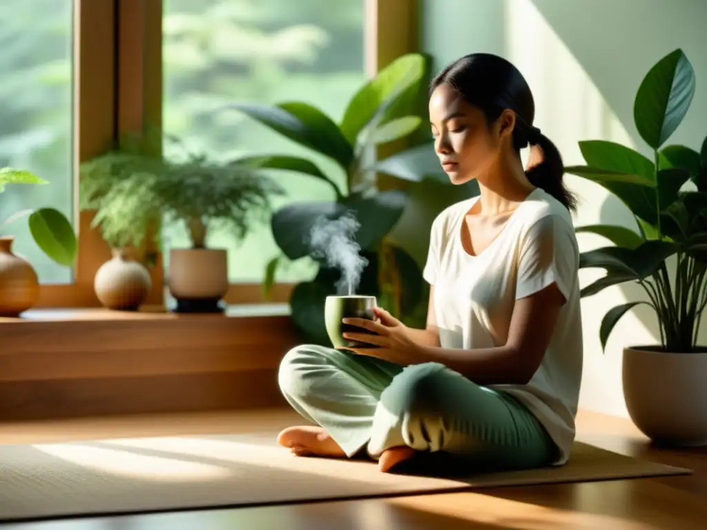 Persona meditando con té de hierbas en un espacio sereno y soleado