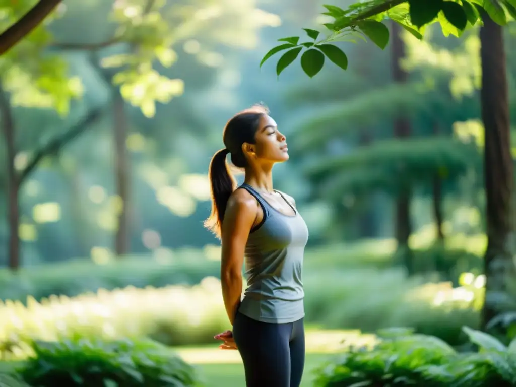 Una persona practica respiración hipopresiva para fortalecer core, con postura erguida en un entorno natural sereno