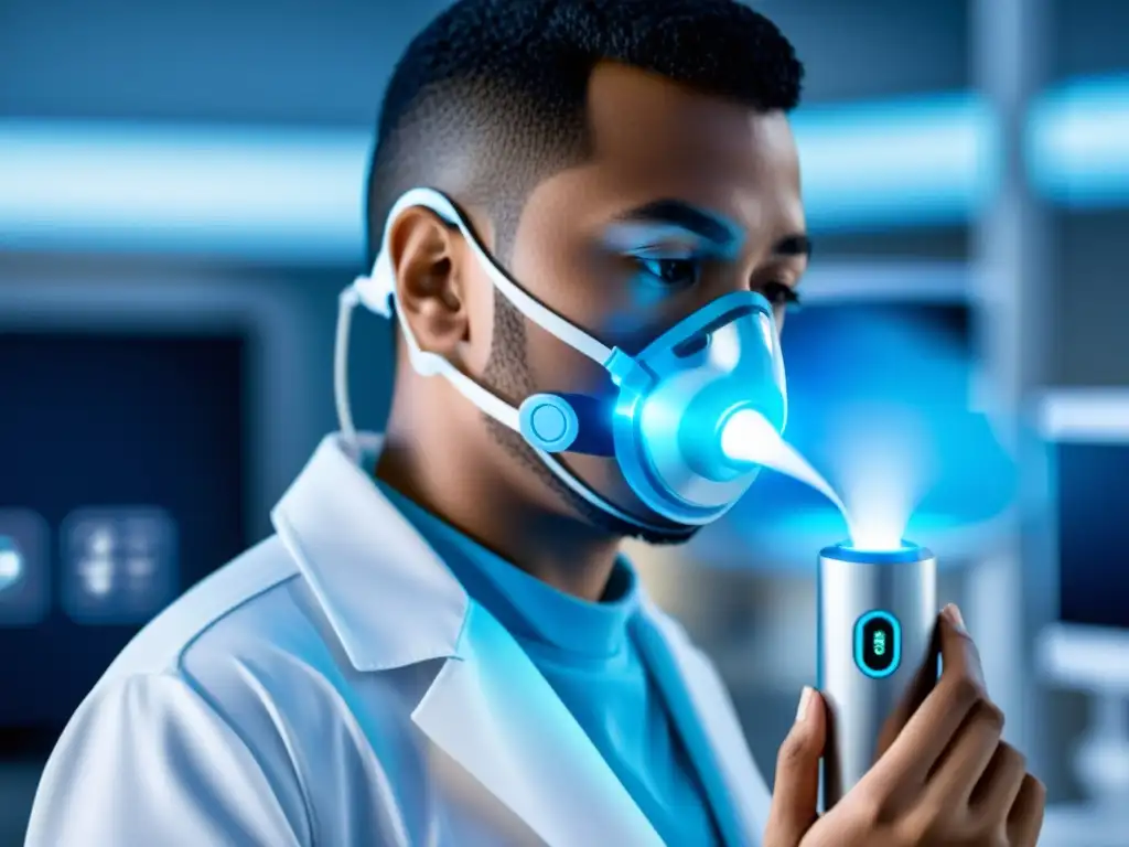 Persona usando inhalador de insulina en centro médico futurista