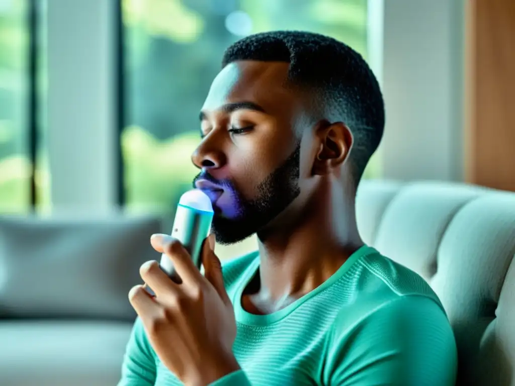 Persona usando un inhalador inteligente para asma en una moderna sala iluminada, transmitiendo tranquilidad y alivio