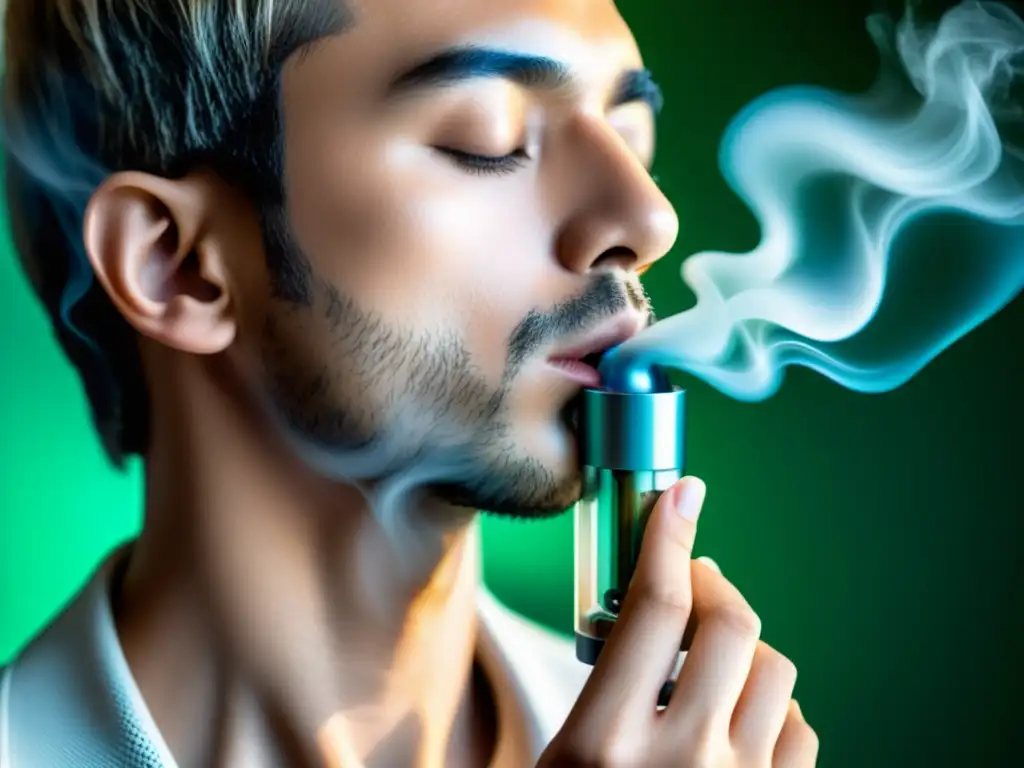 Persona usando inhalador herbal para mejor respiración, con vapor aromático y atmósfera serena y futurista