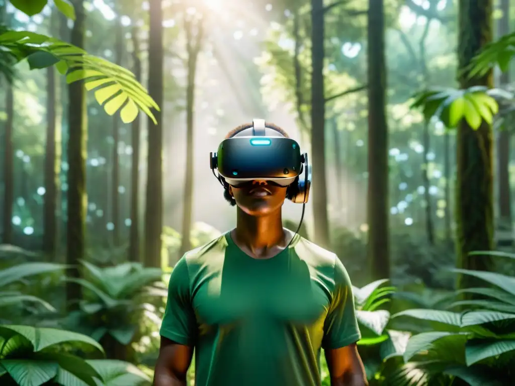 Persona inmersa en experiencia de realidad virtual para respiración en entorno tranquilo y futurista de bosque verde exuberante