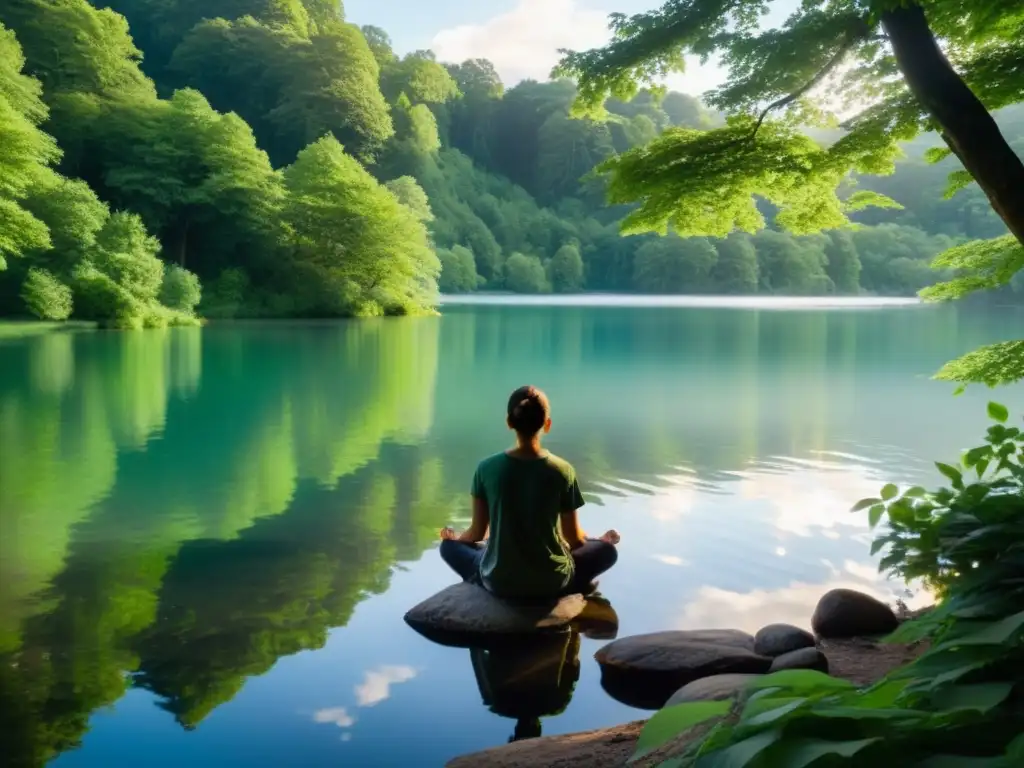 Persona en meditación junto al lago, respirando conscientemente entre la naturaleza serena