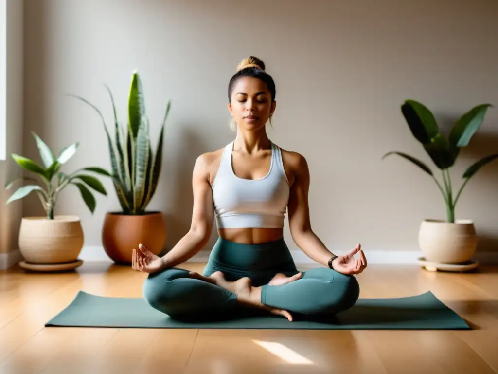 'Persona practicando Kapalabhati en un estudio de yoga sereno, con iluminación natural y decoración minimalista