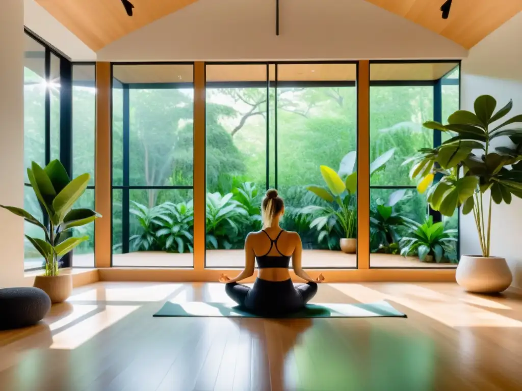 Persona practicando Kapalabhati en un estudio de yoga sereno y moderno, rodeado de plantas verdes