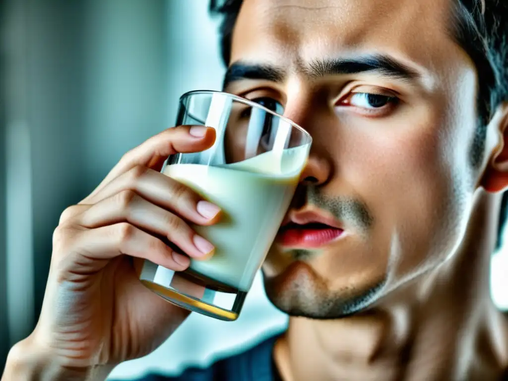 Persona tomando leche con enfoque en la relación consumo lácteos mucosidad