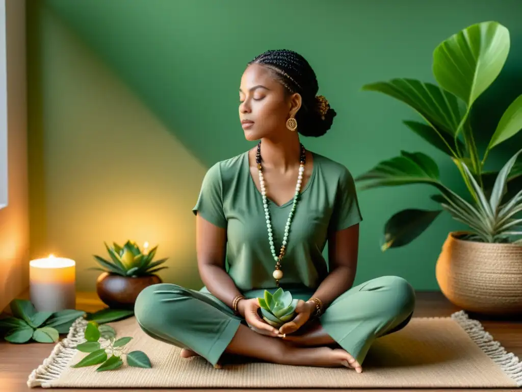 Persona meditando con mantras para sincronizar respiración en ambiente sereno y contemporáneo, rodeada de luz natural y plantas verdes exuberantes