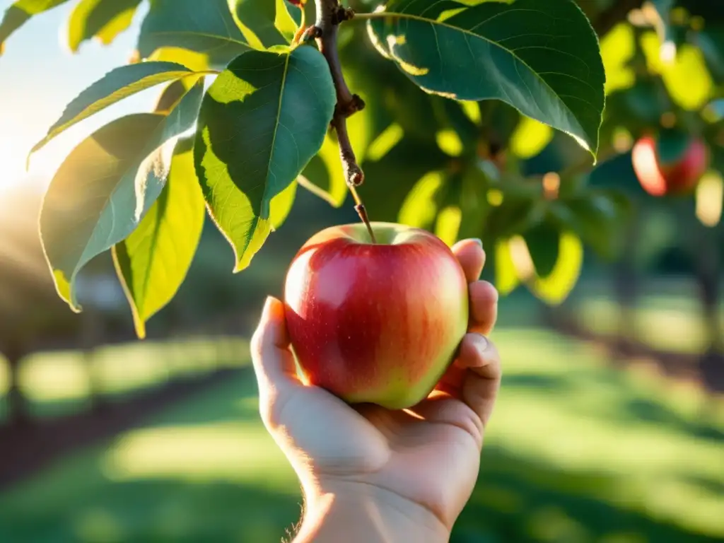 Persona sosteniendo una manzana madura bajo un manzano soleado, evocando los beneficios del consumo de manzanas para la salud pulmonar