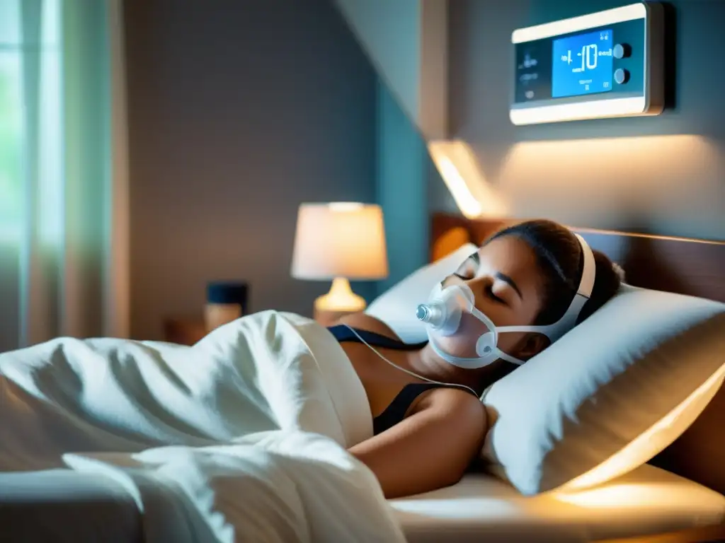 Persona durmiendo pacíficamente con máscara CPAP, iluminada suavemente por la luz natural