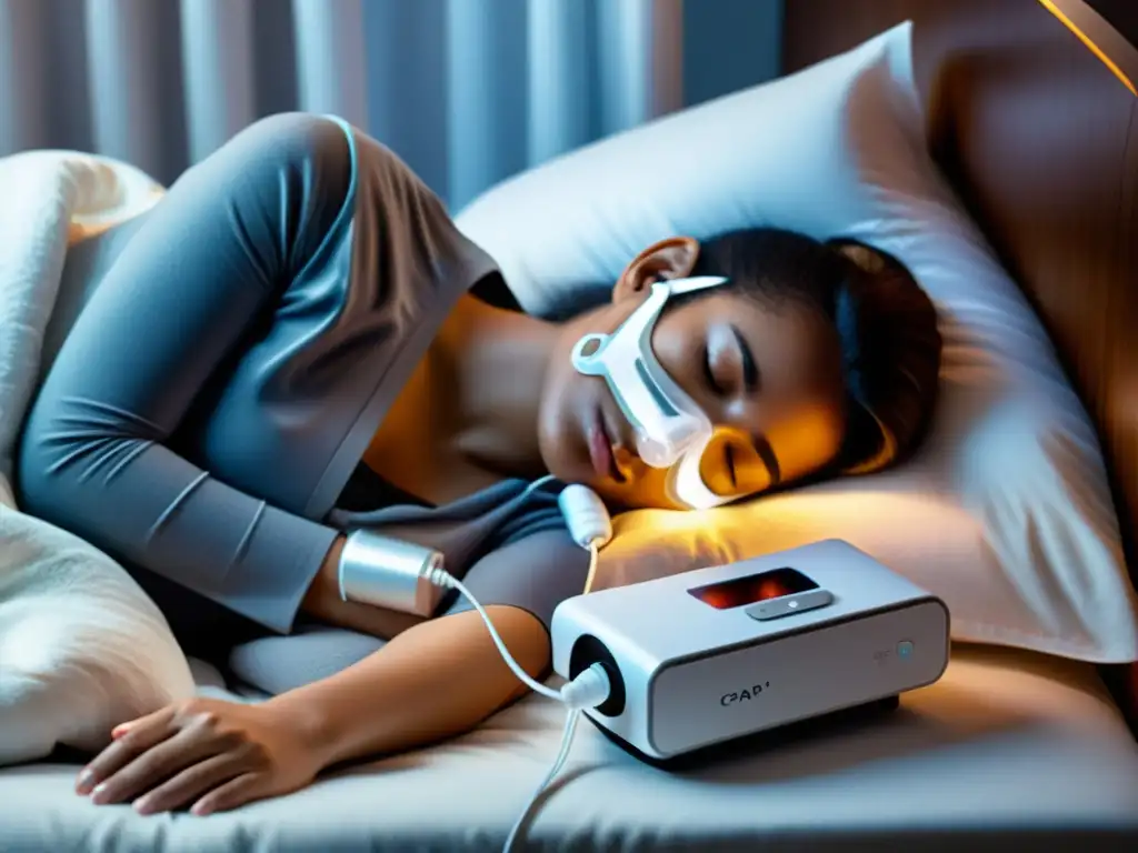 Persona durmiendo plácidamente con máscara CPAP moderna y ambiente calmado