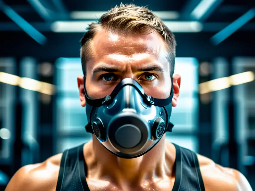 Persona con máscara de entrenamiento respiratorio mejora VO2 Max en gimnasio futurista