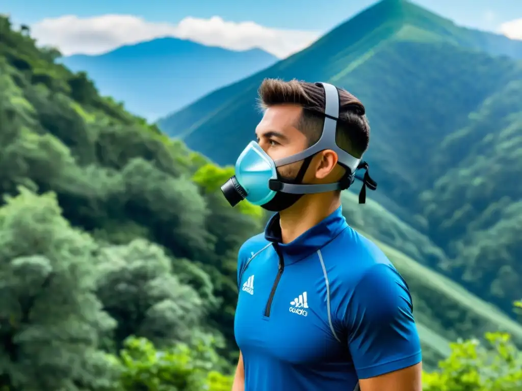 Persona en la montaña con máscara de entrenamiento respiratorio para mejorar VO2 Max, rodeada de naturaleza y cielo azul