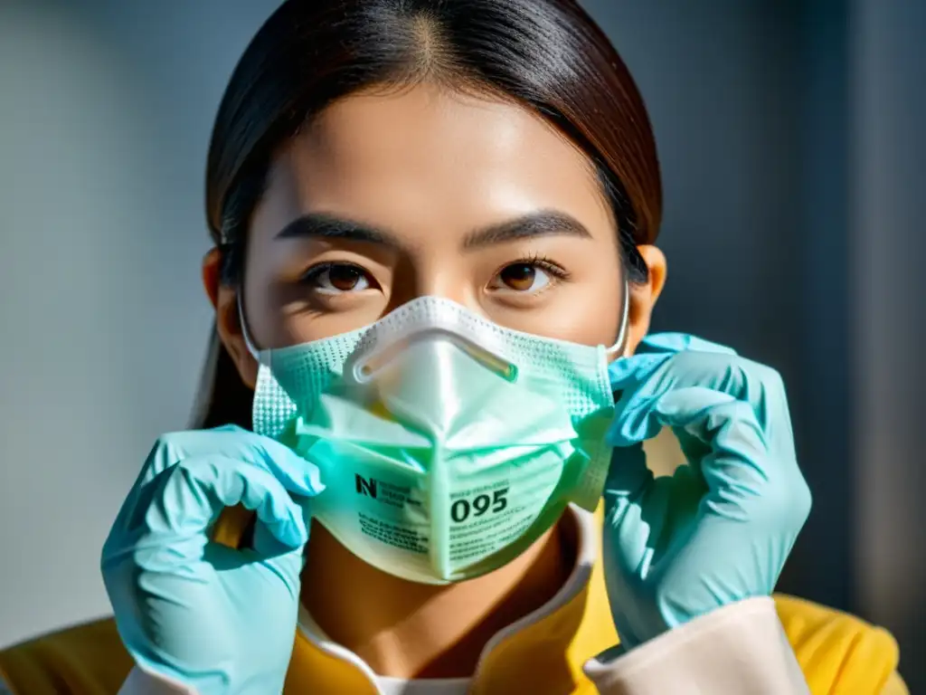 Persona cuidadosamente limpiando una máscara N95 con guantes protectores, transmitiendo mantenimiento máscara protección respiratoria