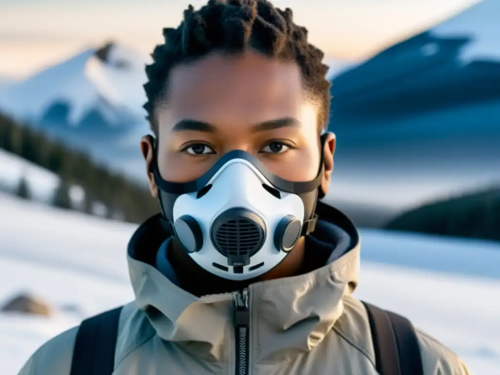 Persona con máscara respiratoria de alta tecnología en paisaje invernal, prevención de resfriados en climas fríos