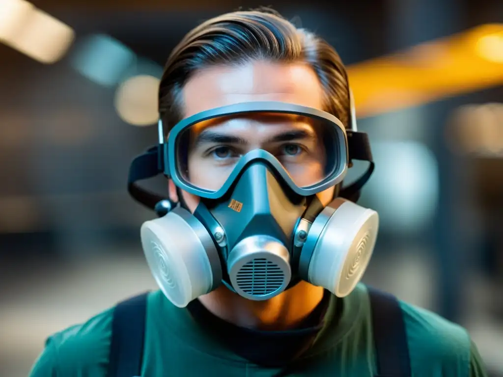 Persona usando máscara respiratoria moderna en entorno industrial futurista, resaltando la importancia de la respiración en salud laboral