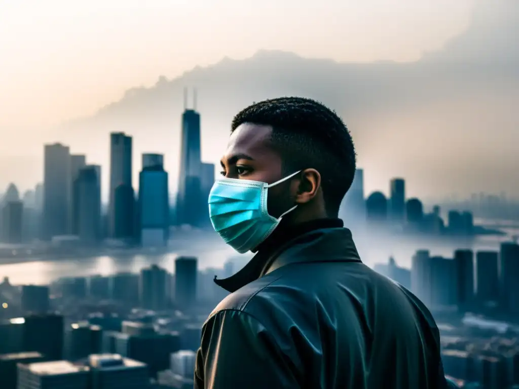 Persona con mascarilla en ciudad con smog, impacto de eventos climáticos extremos crisis respiratorias