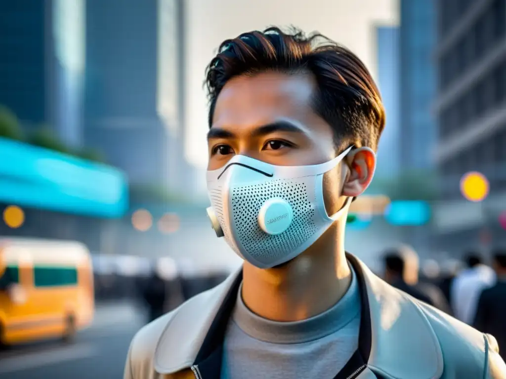 Persona con mascarilla antipolución efectiva, expresando preocupación y determinación en una ciudad contaminada por smog