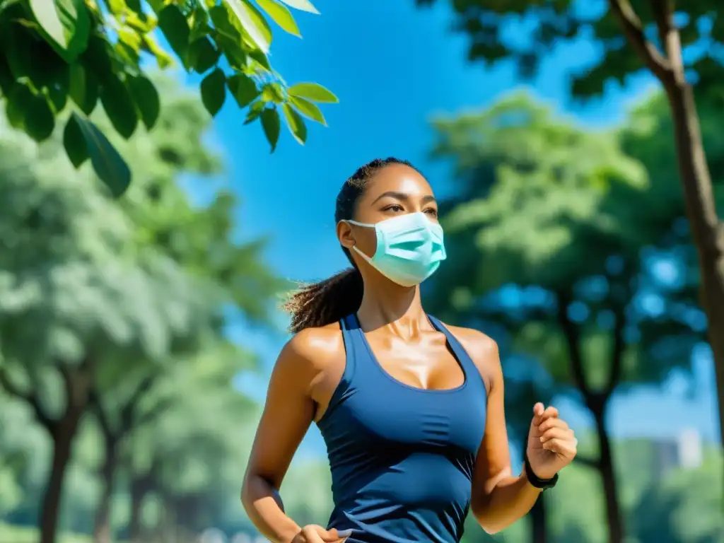 Persona con mascarilla haciendo ejercicio al aire libre rodeada de árboles verdes y cielo azul, protegiendo sus pulmones