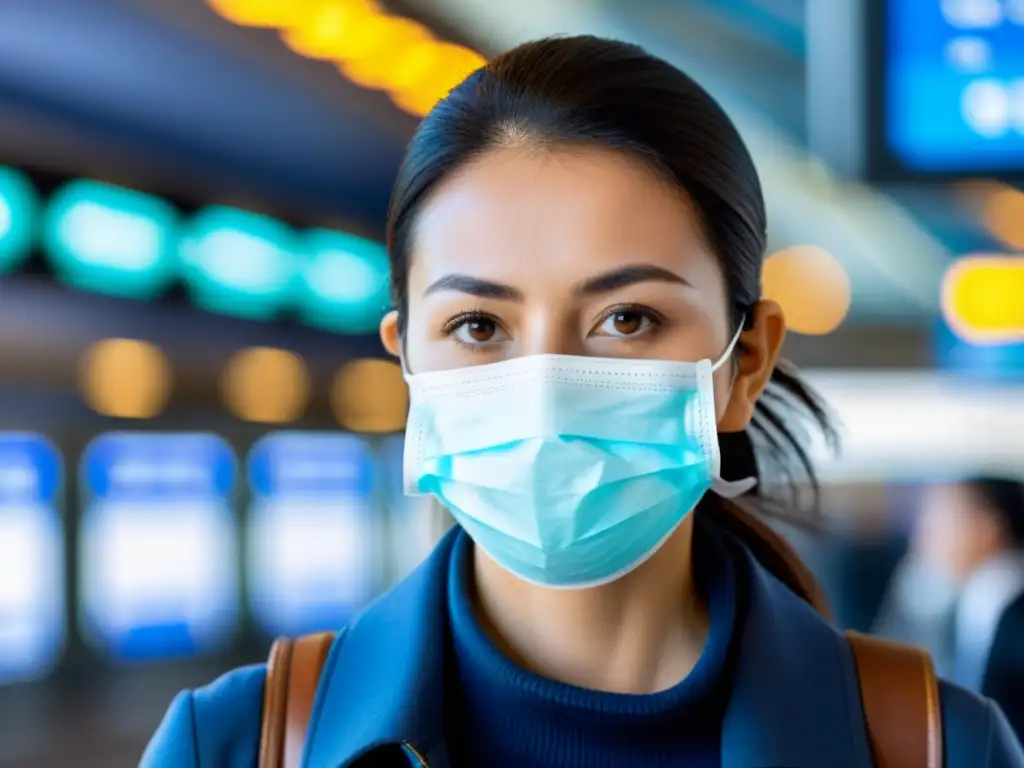 Una persona con mascarilla viajando, destacando sus ojos cautelosos