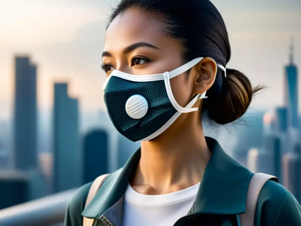 Persona con mascarilla protectora en ciudad con aire contaminado, enfocando en prevención enfermedades respiratorias cambio climático