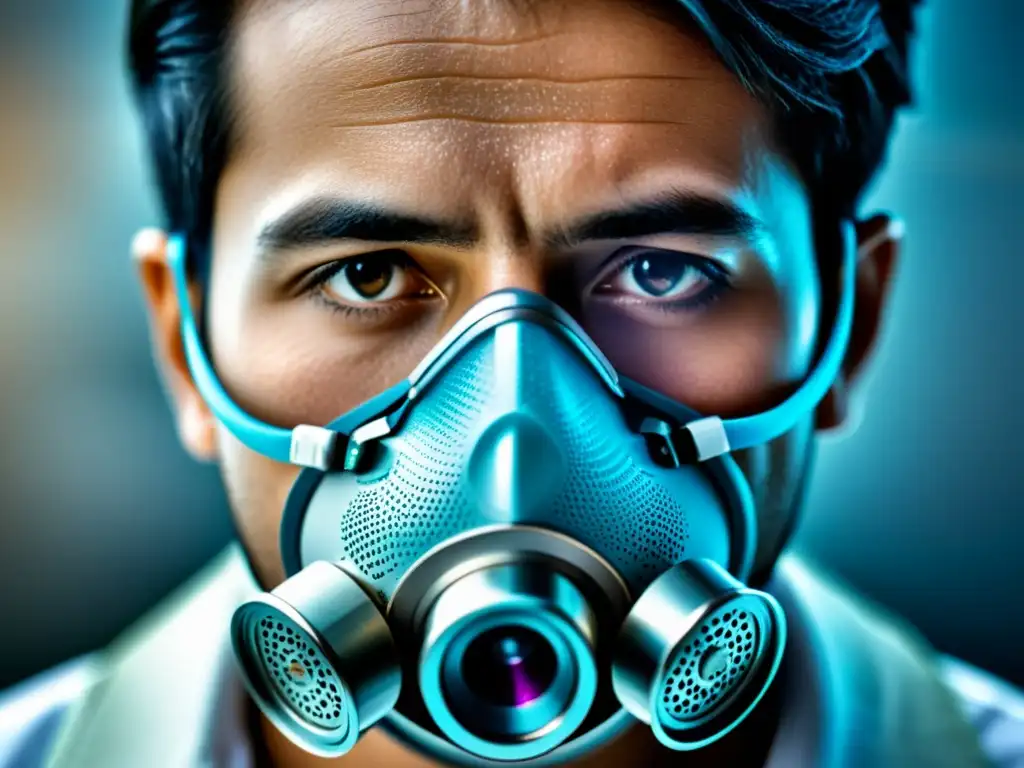 Impacto visual: Máscara protectora frente a la contaminación del aire Una persona con mascarilla protectora frente a la contaminación atmosférica por industrias, con partículas de contaminantes suspendidas en el aire vistas bajo microscopio