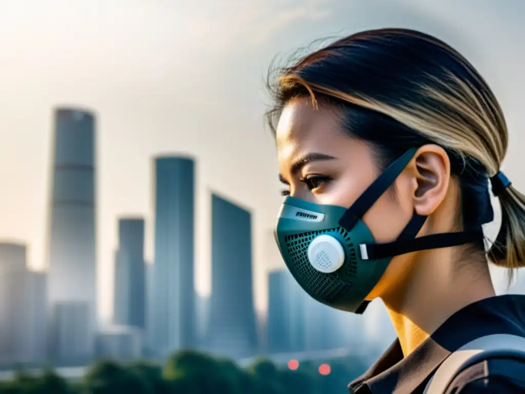 Persona con mascarilla para polución urbana, mostrando determinación ante el smog en la ciudad