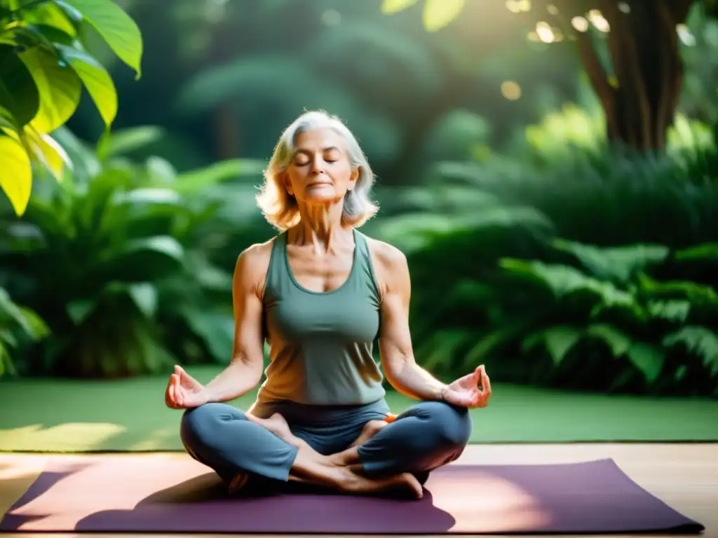 Una persona mayor practica control del aliento para apnea del sueño, rodeada de naturaleza en calma