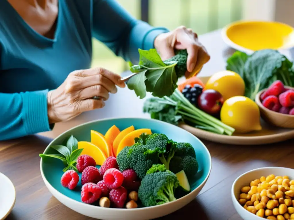 Una persona mayor disfruta de una comida colorida y saludable que promueve la salud pulmonar