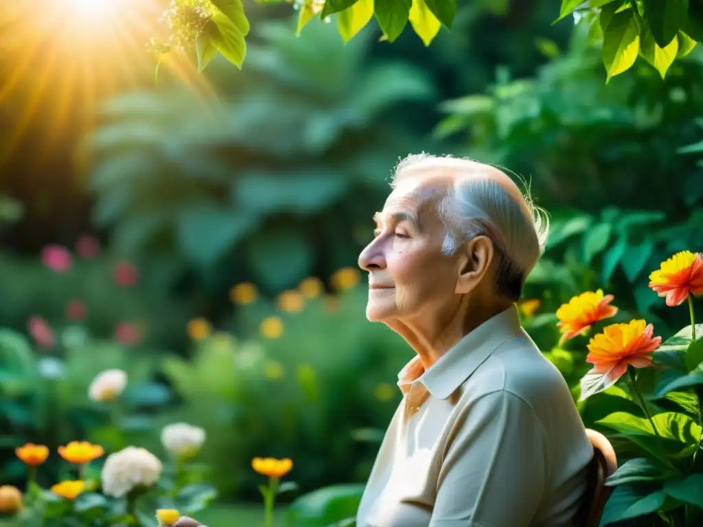 Persona mayor disfruta de jardín sereno, practicando respiración consciente para mejorar salud pulmonar y longevidad