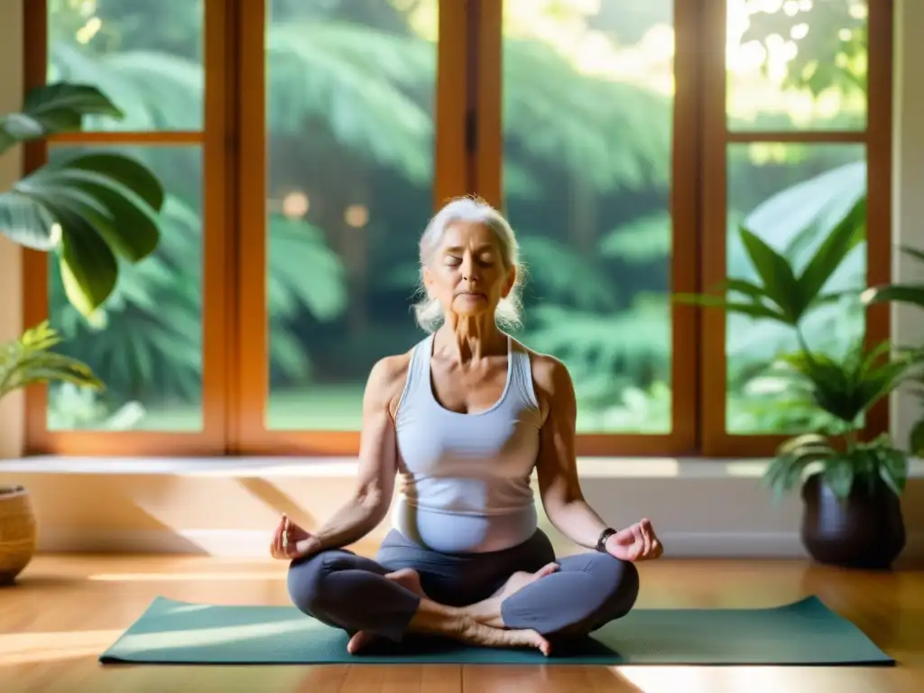 Una persona mayor disfruta de una sesión de yoga en un entorno tranquilo y natural, experimentando los beneficios de la respiración en la tercera edad