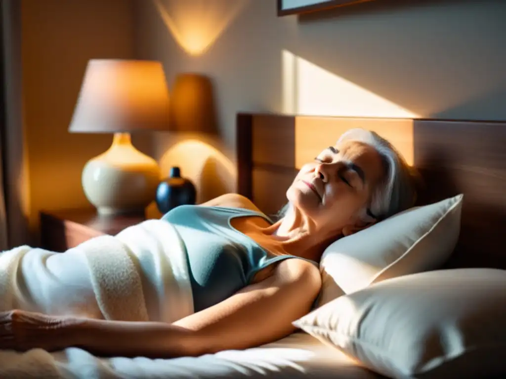 Persona mayor durmiendo en un dormitorio acogedor, iluminado por suave luz solar