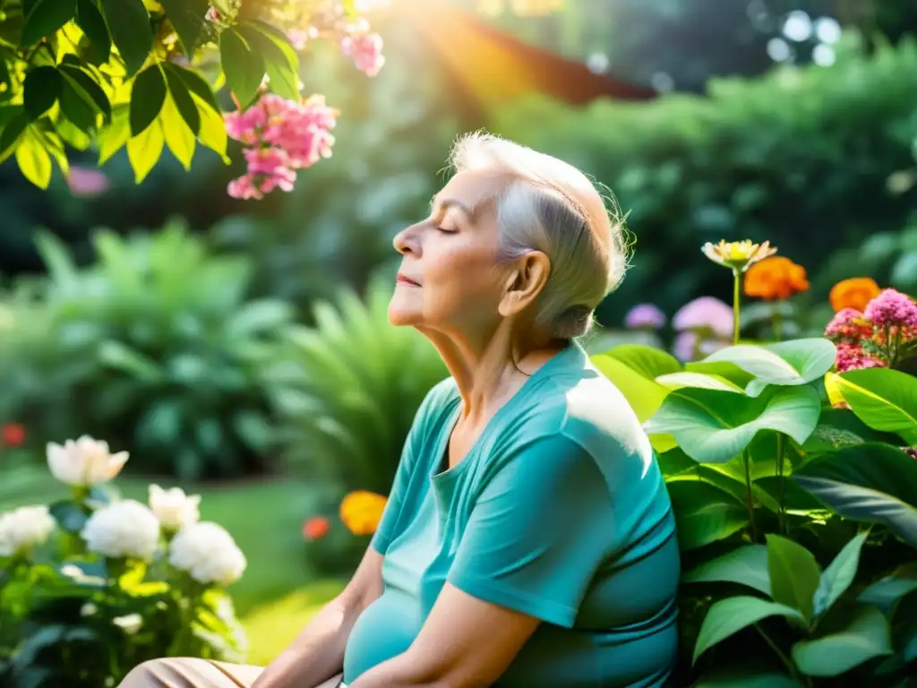 Una persona mayor practica ejercicios de respiración en un jardín lleno de vida, con luz solar entre las hojas