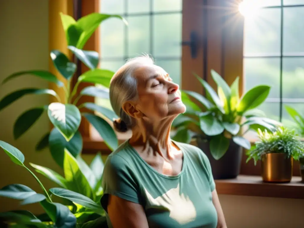 Persona mayor practicando ejercicios de respiración para prevenir fibrosis pulmonar en una habitación llena de plantas verdes y luz cálida