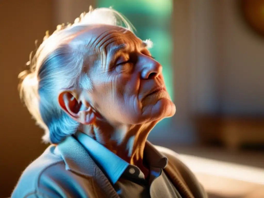 Persona mayor practicando ejercicios de respiración consciente en una habitación tranquila y soleada, enfocada en la prevención del enfisema en la tercera edad