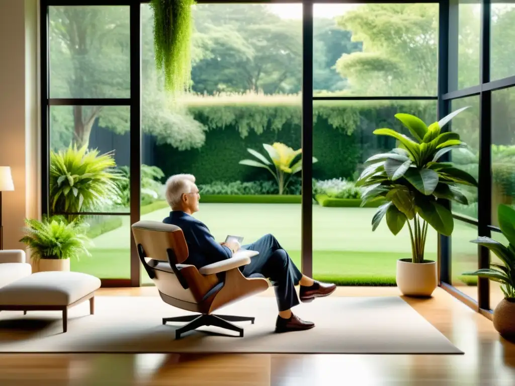 Persona mayor practicando ejercicios de respiración consciente en un acogedor salón, rodeado de plantas y luz natural