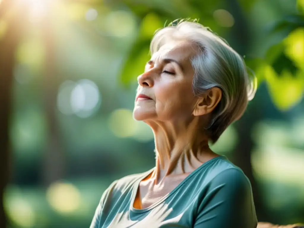 Persona mayor practicando ejercicios de respiración para pulmones envejecidos en un entorno sereno y natural, con luz cálida y tranquilidad