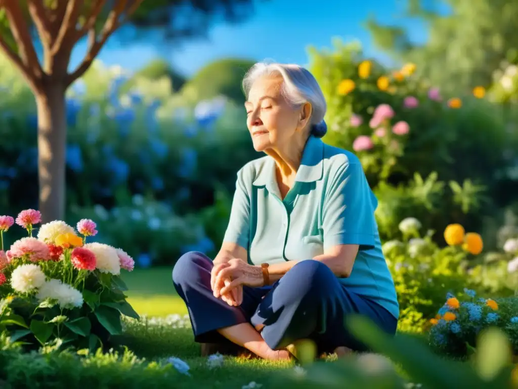 Persona mayor practicando ejercicios de respiración en un jardín tranquilo con flores coloridas, inspirando aire fresco