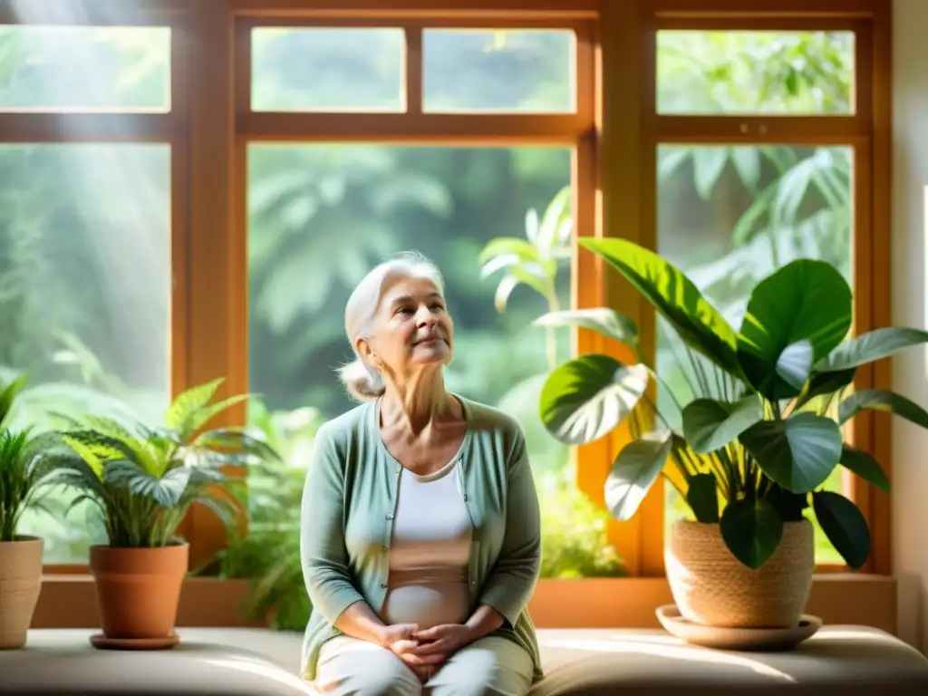 Una persona mayor practica ejercicios de respiración en un ambiente luminoso y tranquilo, rodeada de plantas verdes