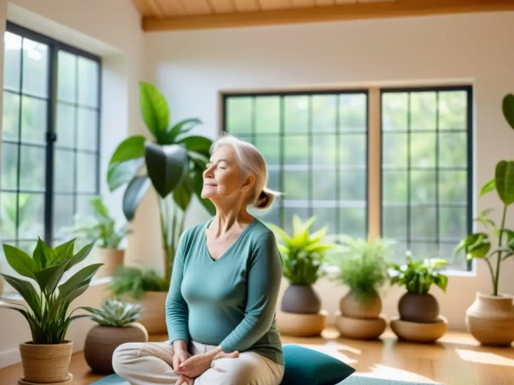 Persona mayor practicando ejercicios de respiración para prevenir fibrosis pulmonar en una habitación luminosa y serena con plantas y arte calmante