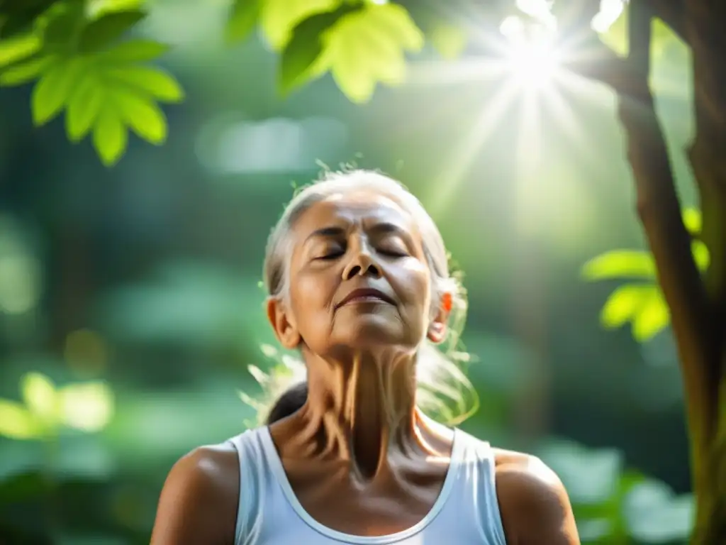 Persona mayor practicando ejercicios de respiración para pulmones envejecidos en un entorno natural sereno, rodeada de vegetación exuberante y luz solar filtrándose entre los árboles