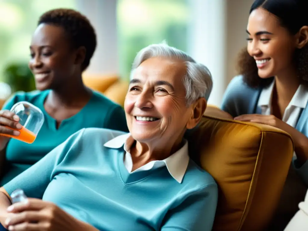 Vida plena: paciente con COPD disfrutando con oxígeno portátil Una persona mayor con EPOC sonriente disfruta de la vida familiar en un hogar moderno, mostrando los beneficios del oxígeno portátil para EPOC