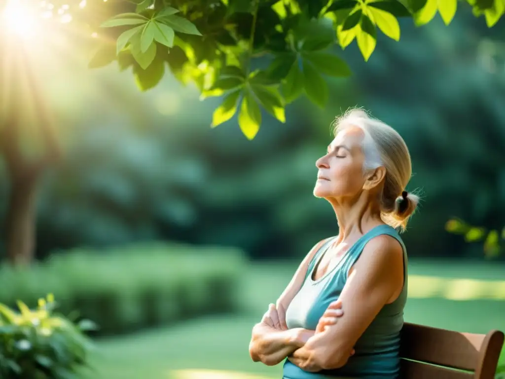 Una persona mayor practica métodos respiratorios para ancianos rodeada de exuberante vegetación, transmitiendo calma y bienestar