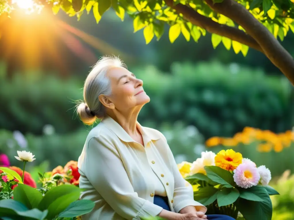 Persona mayor encuentra paz en jardín, respiraciones para equilibrar emociones en personas mayores