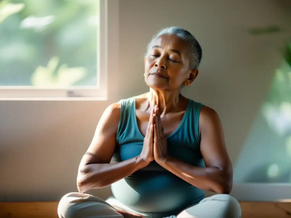 Una persona mayor en postura de meditación, respirando profundamente, rodeada de luz natural