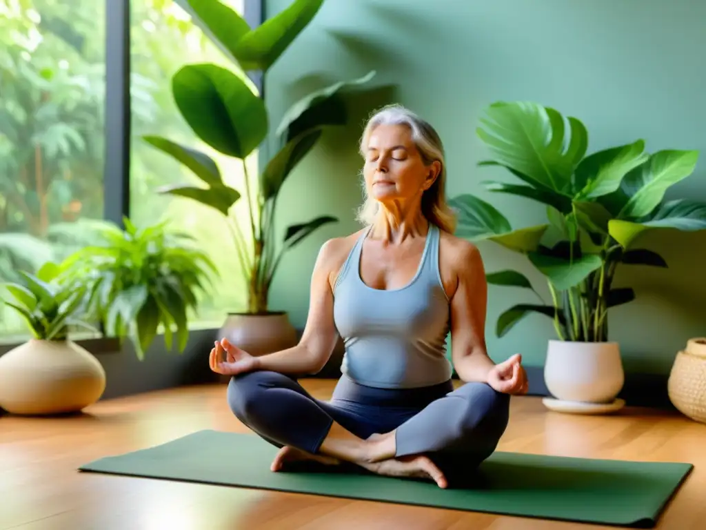 Una persona mayor practica yoga en un estudio sereno rodeado de plantas verdes