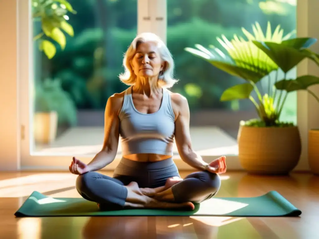 Una persona mayor practica respiración profunda en un espacio tranquilo con luz solar y un jardín exuberante afuera, transmitiendo calma y serenidad