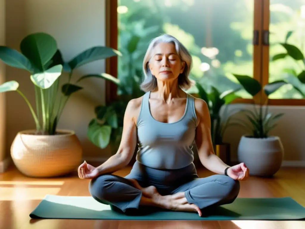 Una persona mayor practica yoga respiratorio en un ambiente tranquilo y luminoso, rodeada de plantas